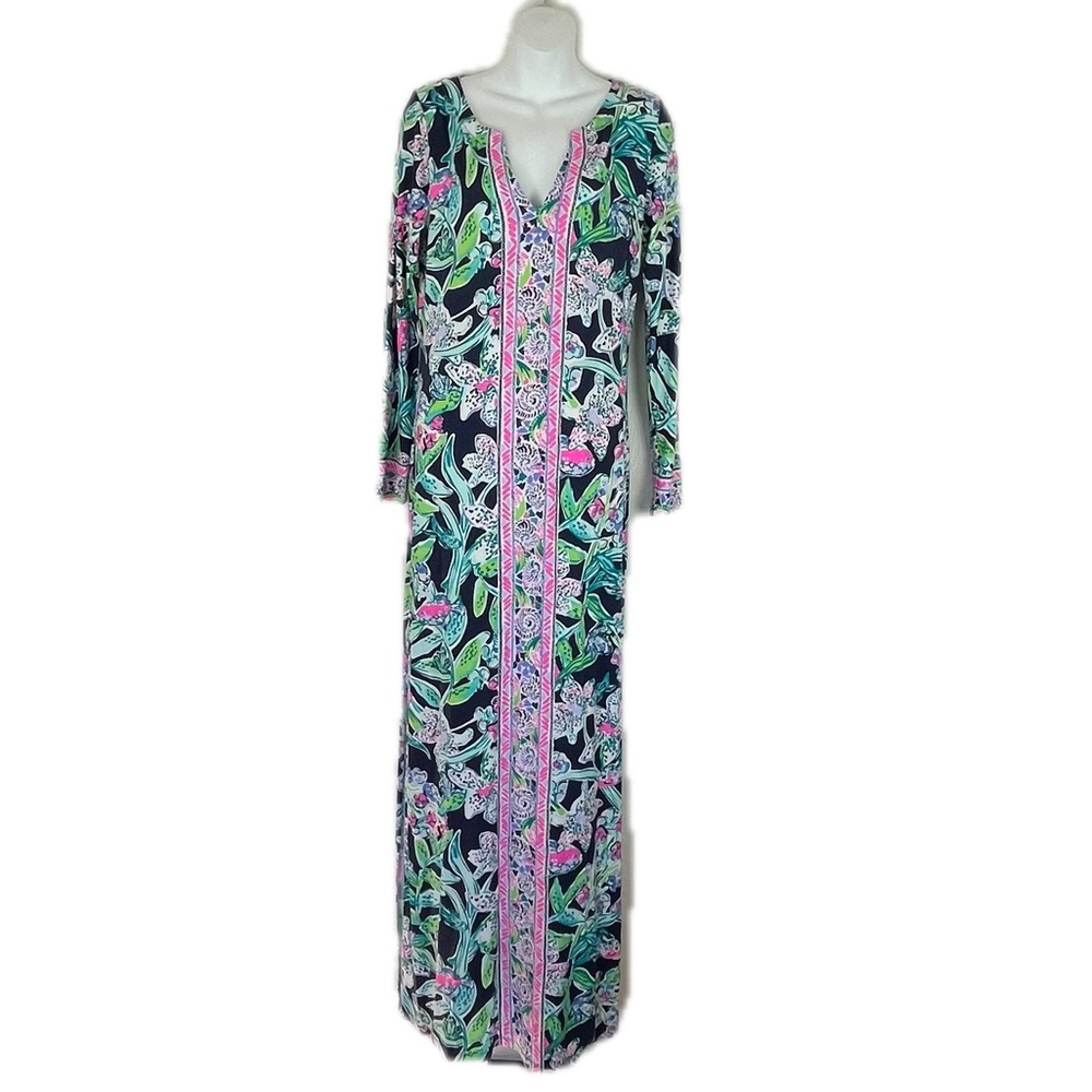 Lilly Pulitzer Navy Floral Maxi Caftan with Pink & Green Trim